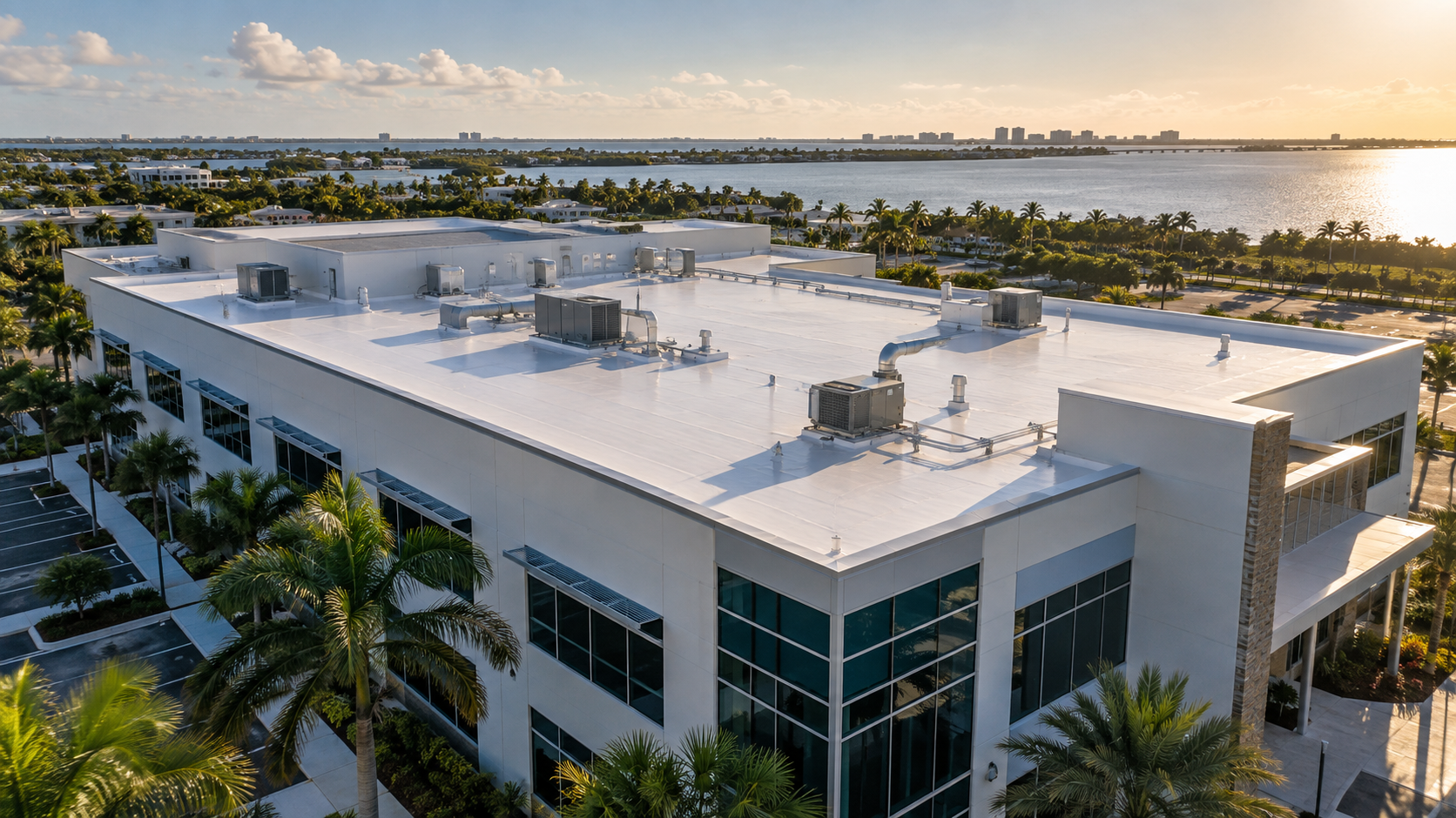 Temporary aerial view of a completed commercial flat-roof project
